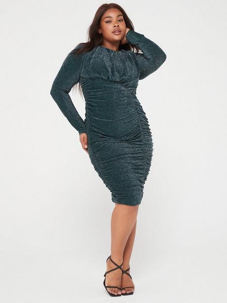 ax-paris-curve-teal-glitter-long-sleeve-ruched-bodycon-dress-blue