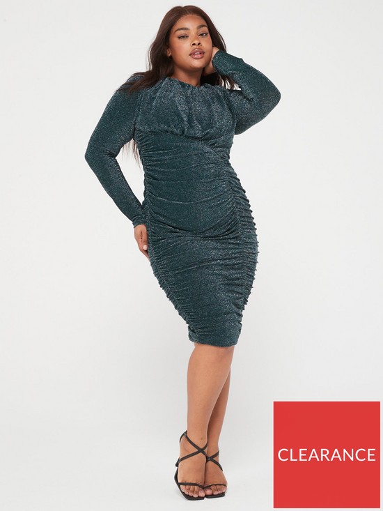 front image of ax-paris-curve-teal-glitter-long-sleeve-ruched-bodycon-dress-blue