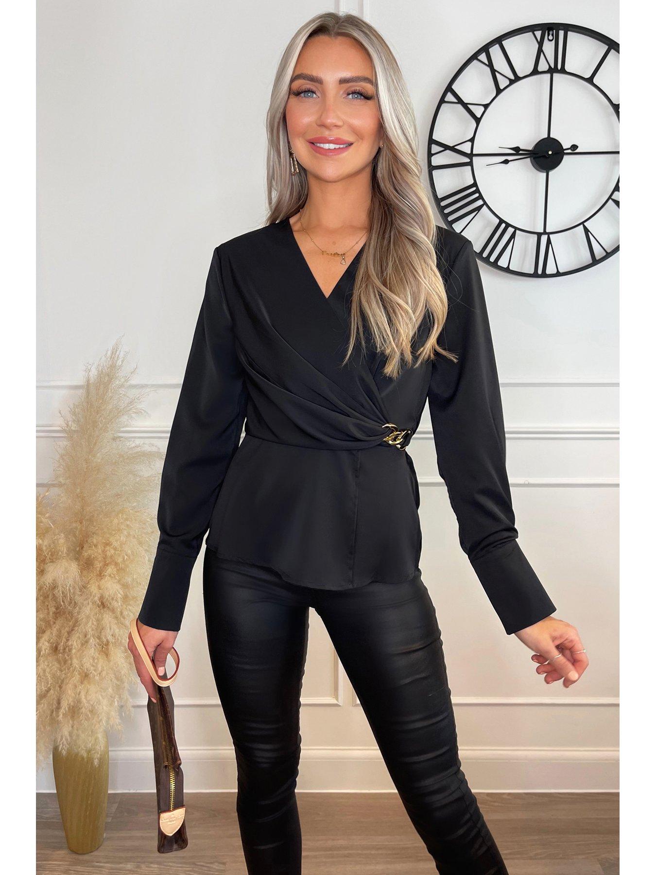 Black long clearance sleeve wrap top