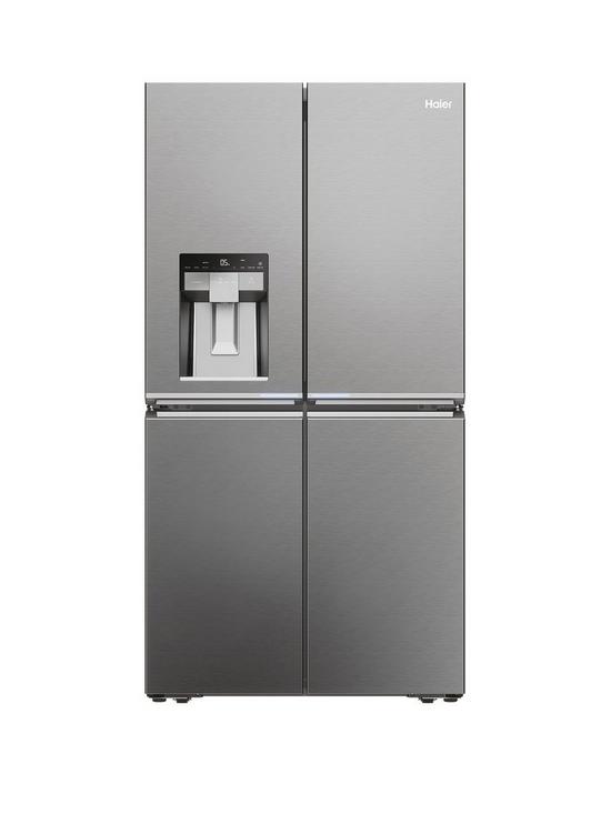 front image of haier-hcr7918eimp-plumbed-total-no-frost-american-fridge-freezer-with-water-dispenser-e-rated--nbspplatinum-inox