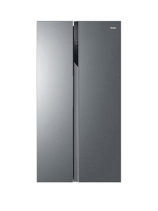 front image of haier-hsr3918enpg-total-no-frost-american-fridge-freezer-e-rated-silver