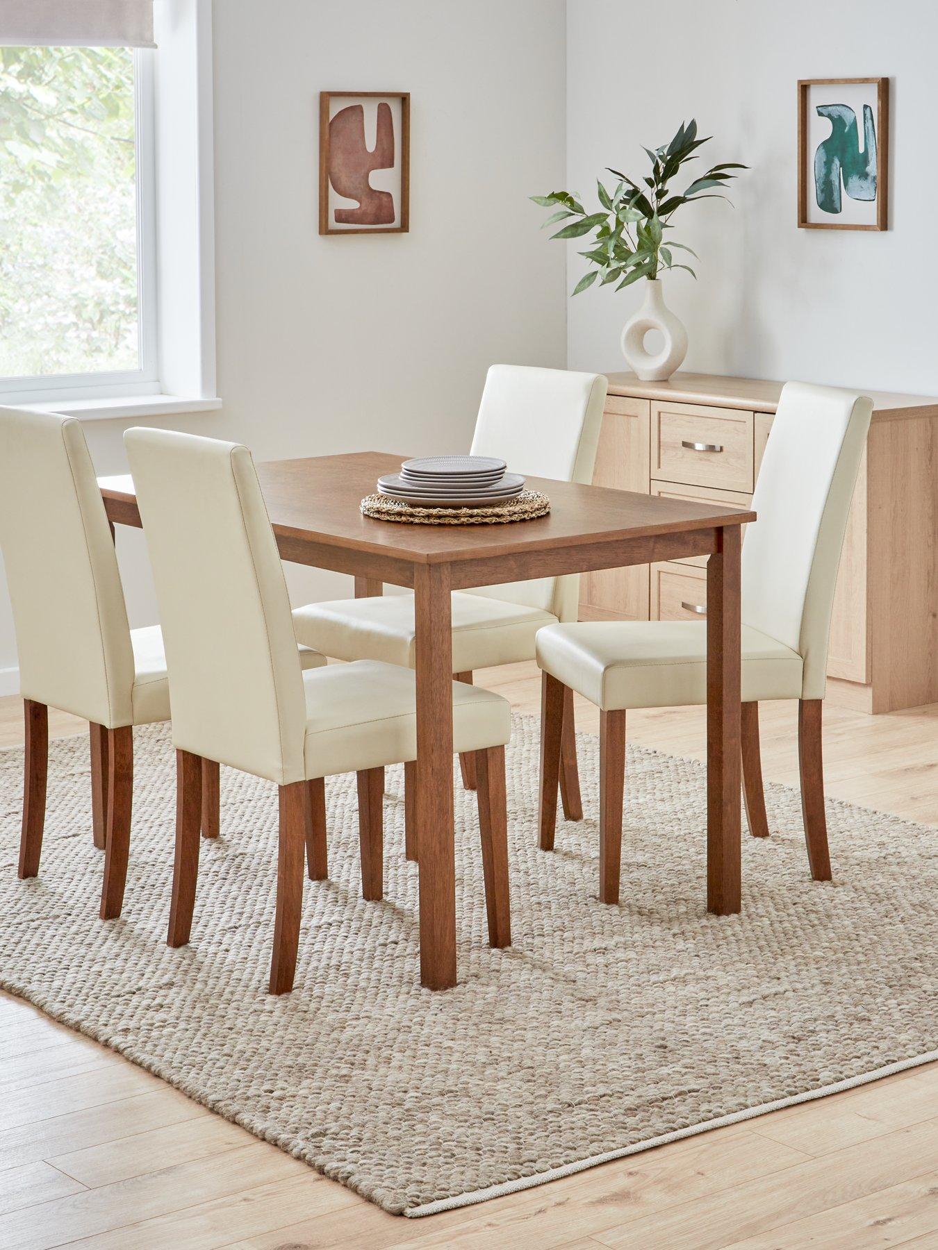 undefined Primo 120 cm Dining Table + 4 Faux Leather Chairs - Dark Wood/Cream