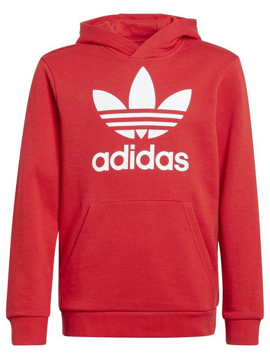 front image of adidas-originals-junior-unisex-trefoil-hoodie-better-scarlet