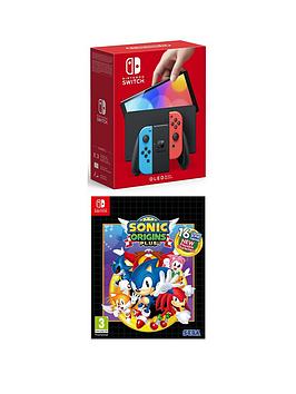 nintendo switch oled oled console neon blue/neon red with sonic origins plus