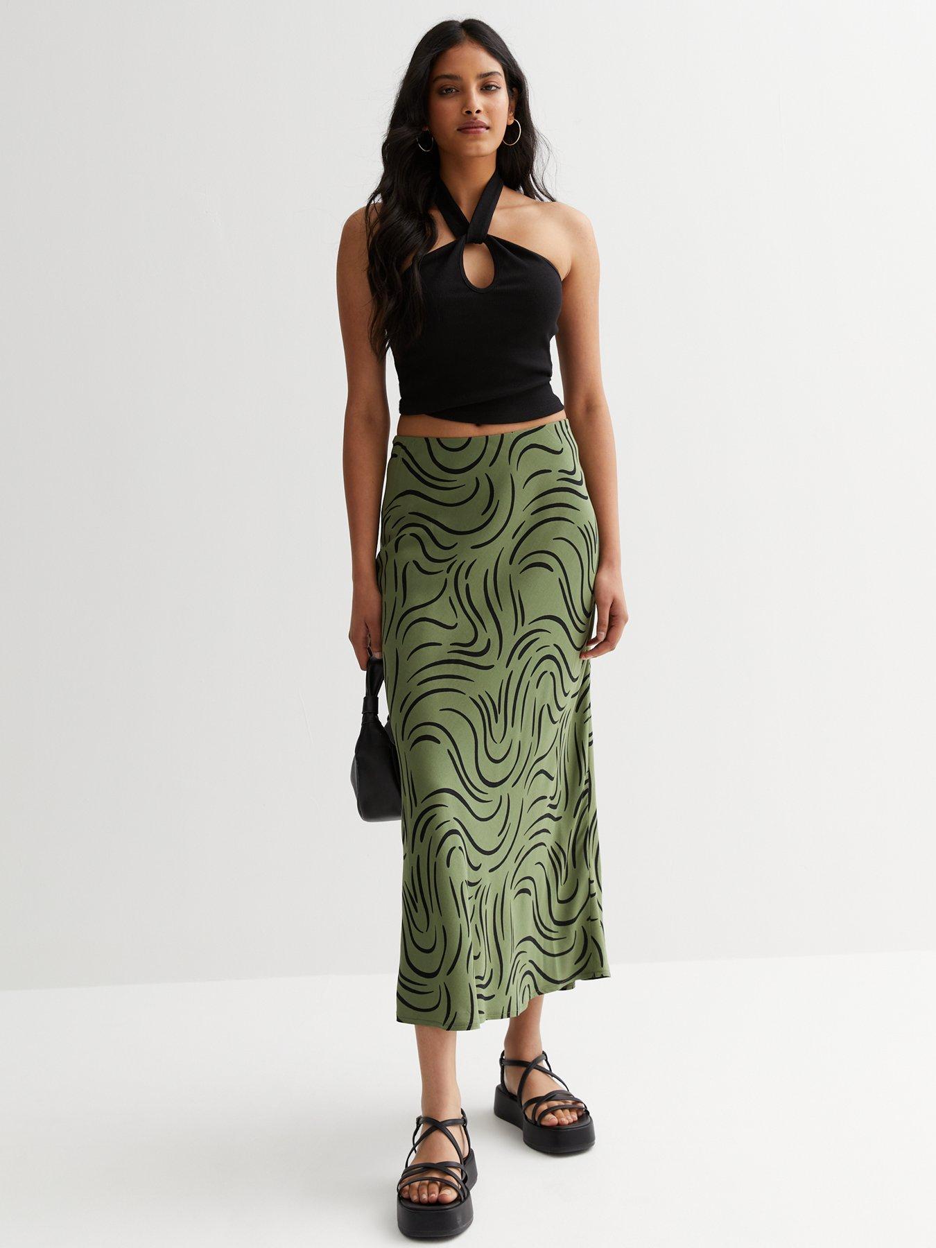 Green satin shop bias-cut midi skirt