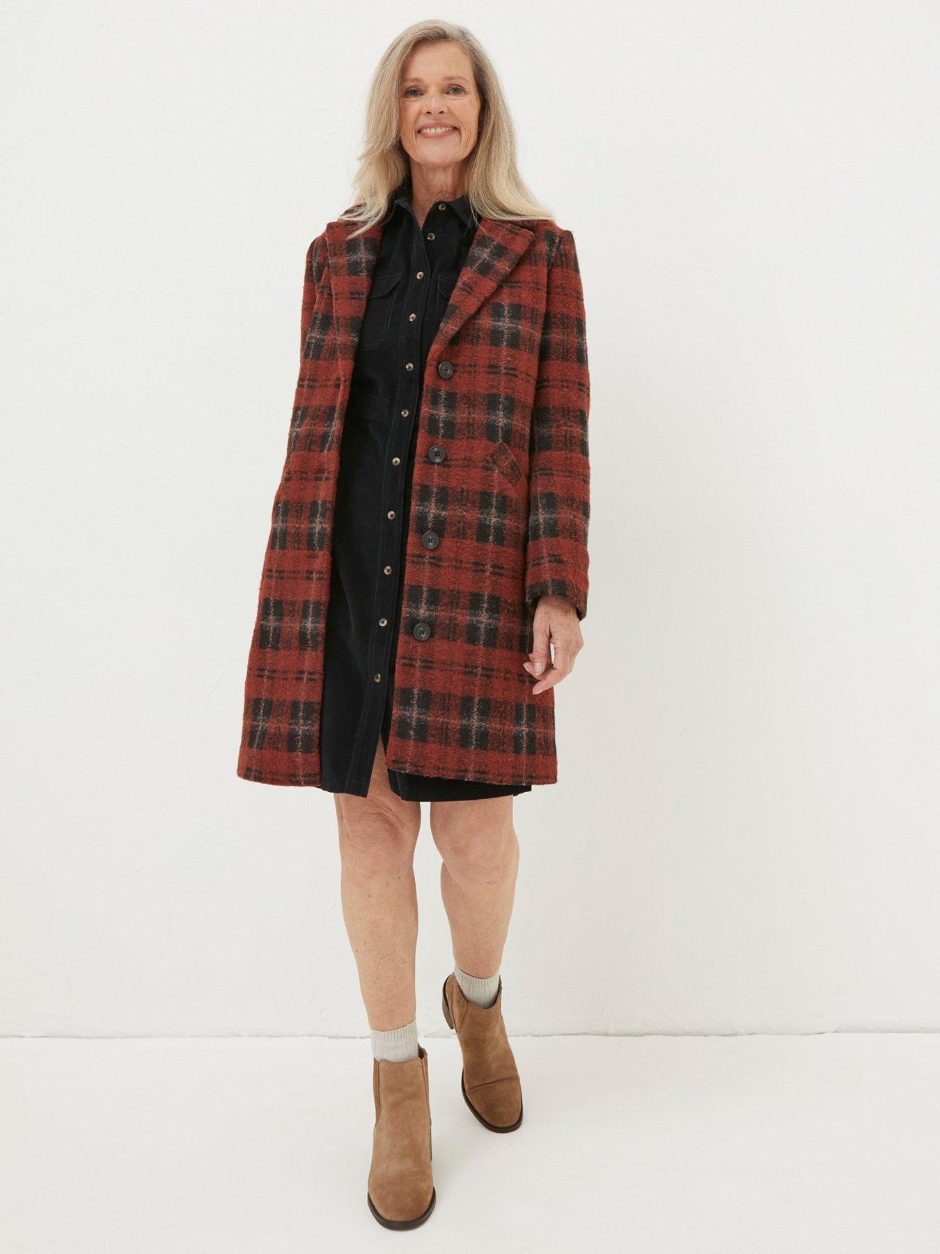 FatFace Wool Brushed Check Coat - Red