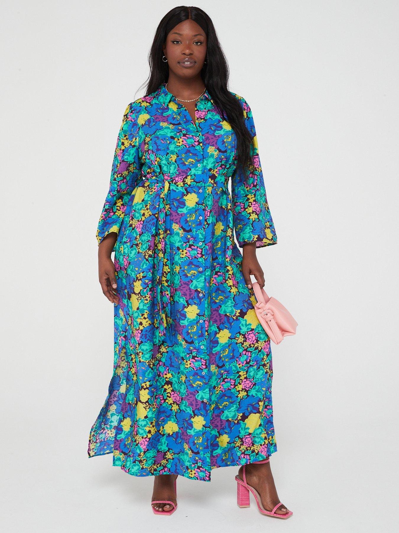 Vero Moda Curve Liva 3/4 Long Floral Shirt Dress - Blue | very.co.uk