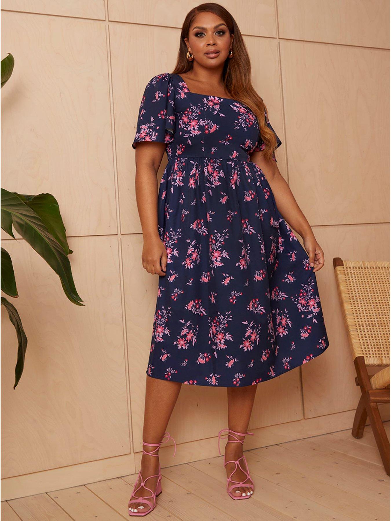 Chi Chi London Square Neck Ditsy Floral Midi Dress In Navy | very.co.uk