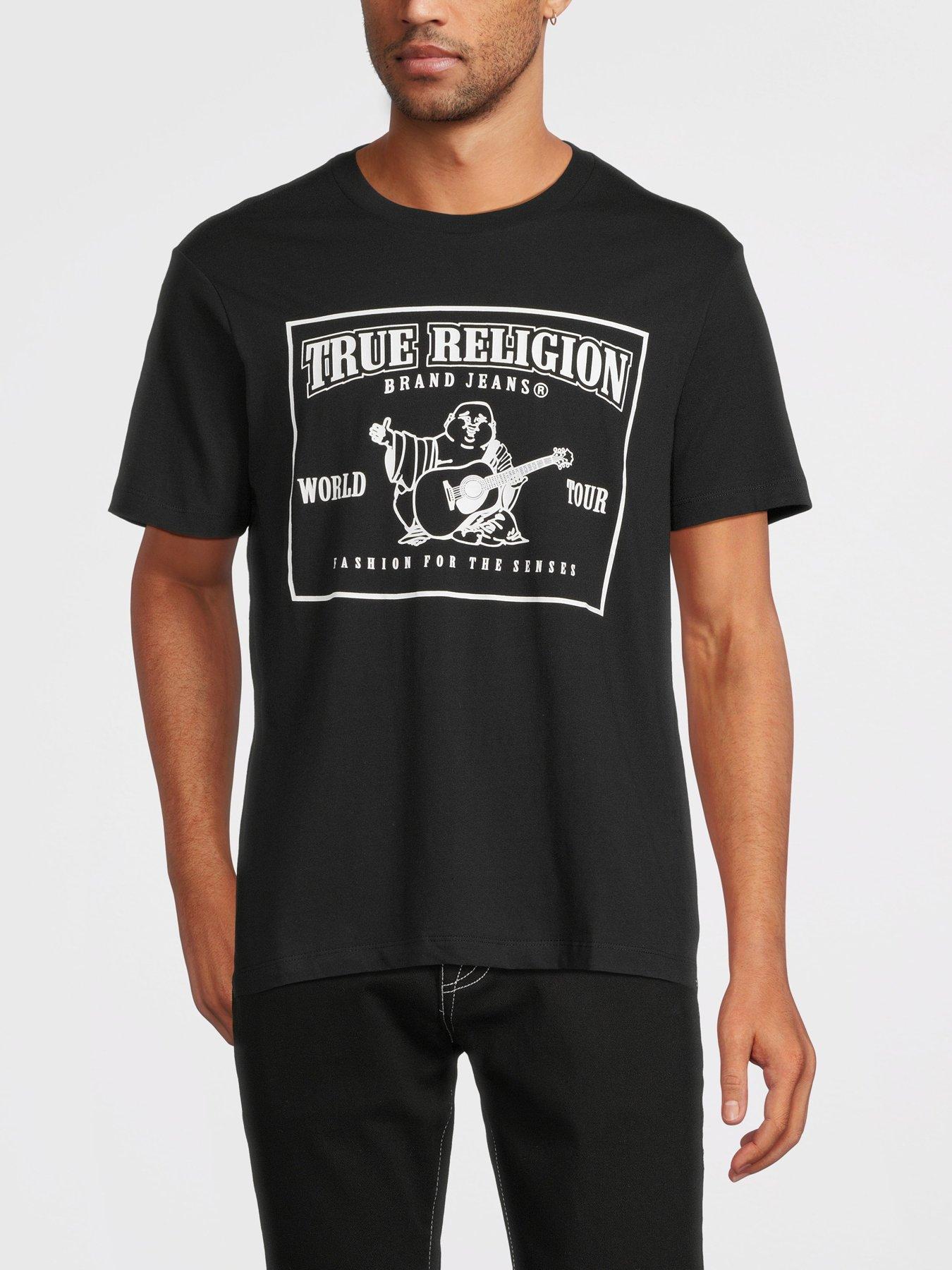 True Religion Men's 4-Pack V Neck Tees, Premium Cotton, White w/Logo,  Large, NEW