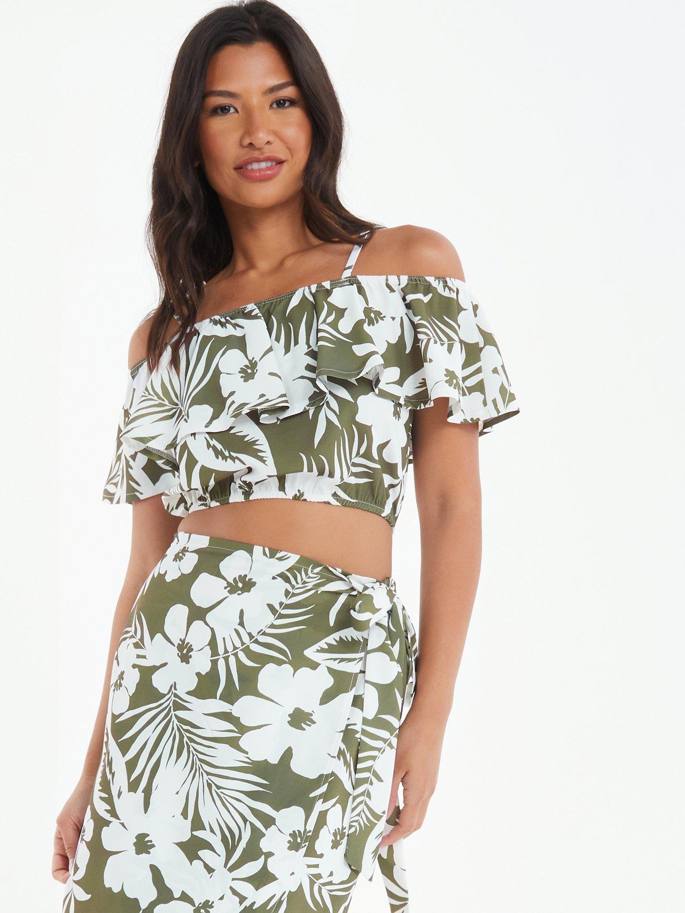 Quiz Khaki Floral Bardot Crop Top