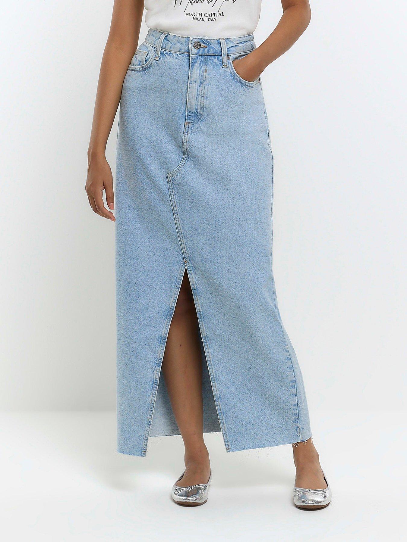 River Island Split Front Denim Midaxi Skirt Light Wash very