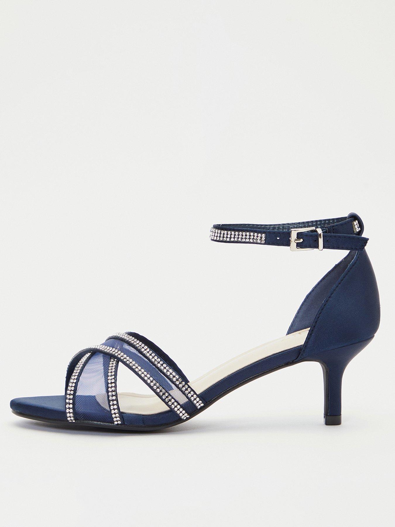 Navy Satin Diamante Mesh Low Heeled Sandals