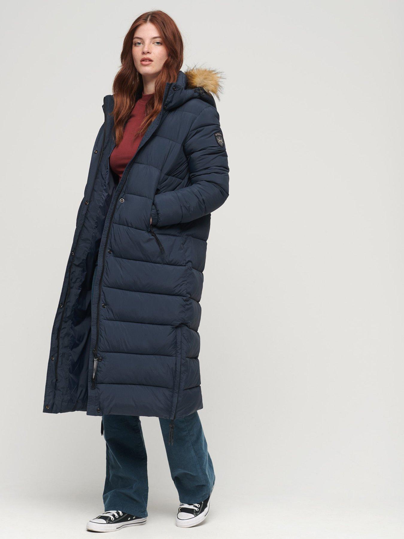 Longline puffer with faux cheap fur hood