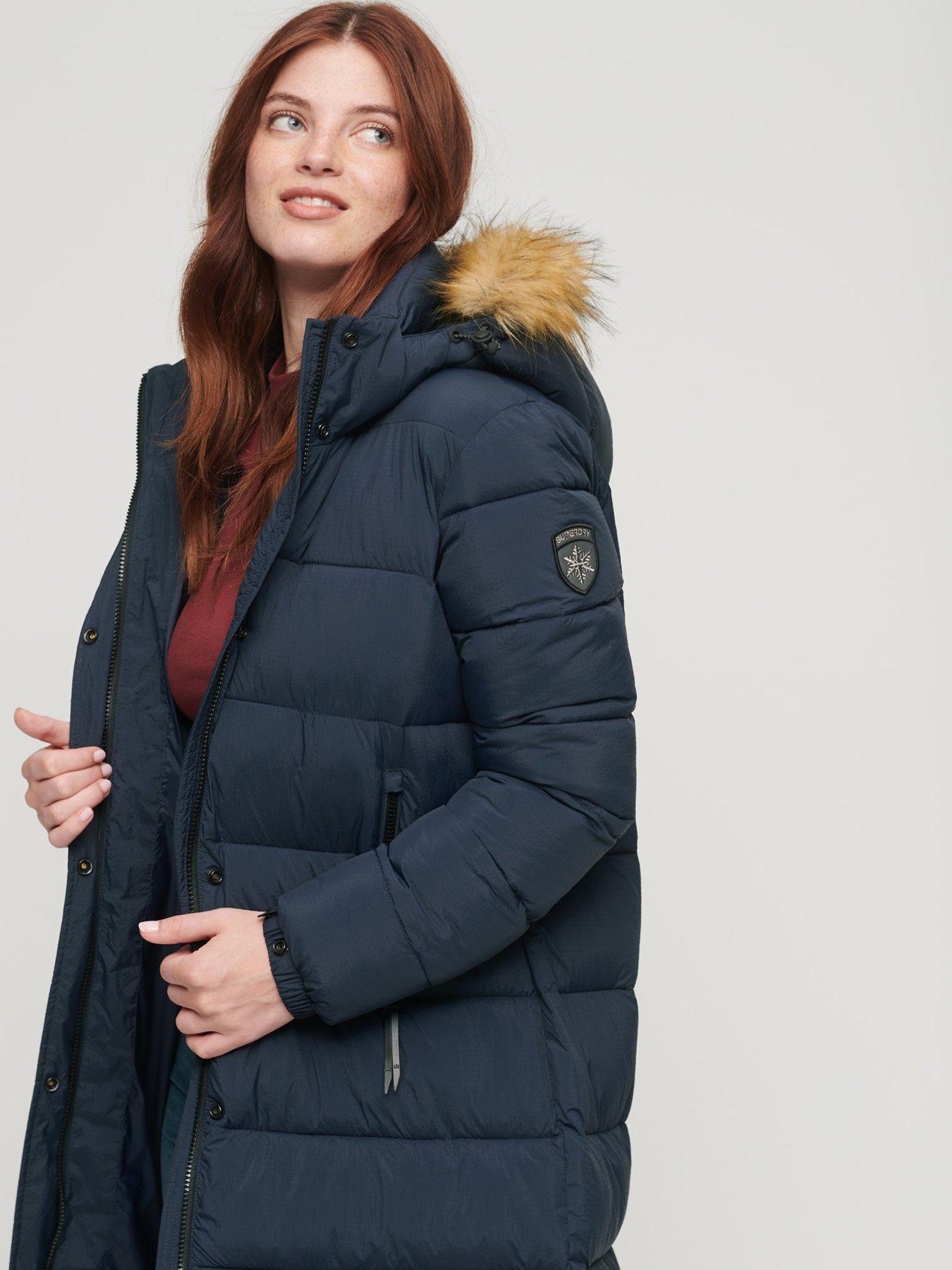 Superdry navy faux fur hood puffer coat sale