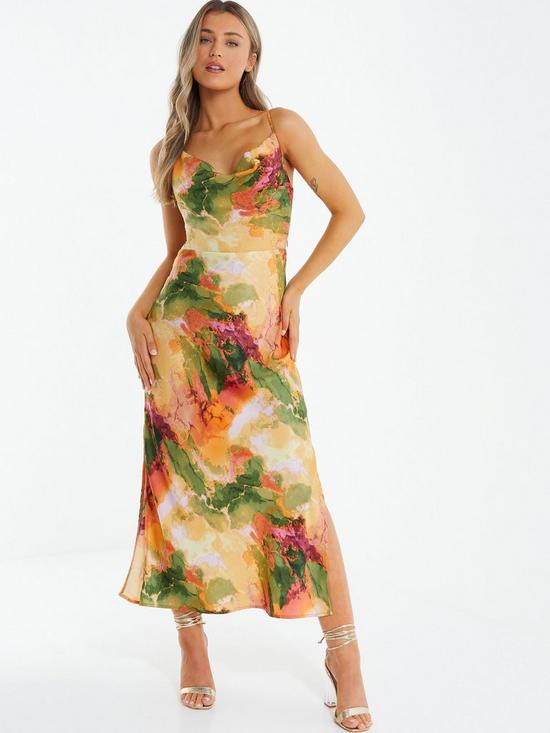 front image of quiz-petite-multicoloured-satin-marble-print-midaxi-dress