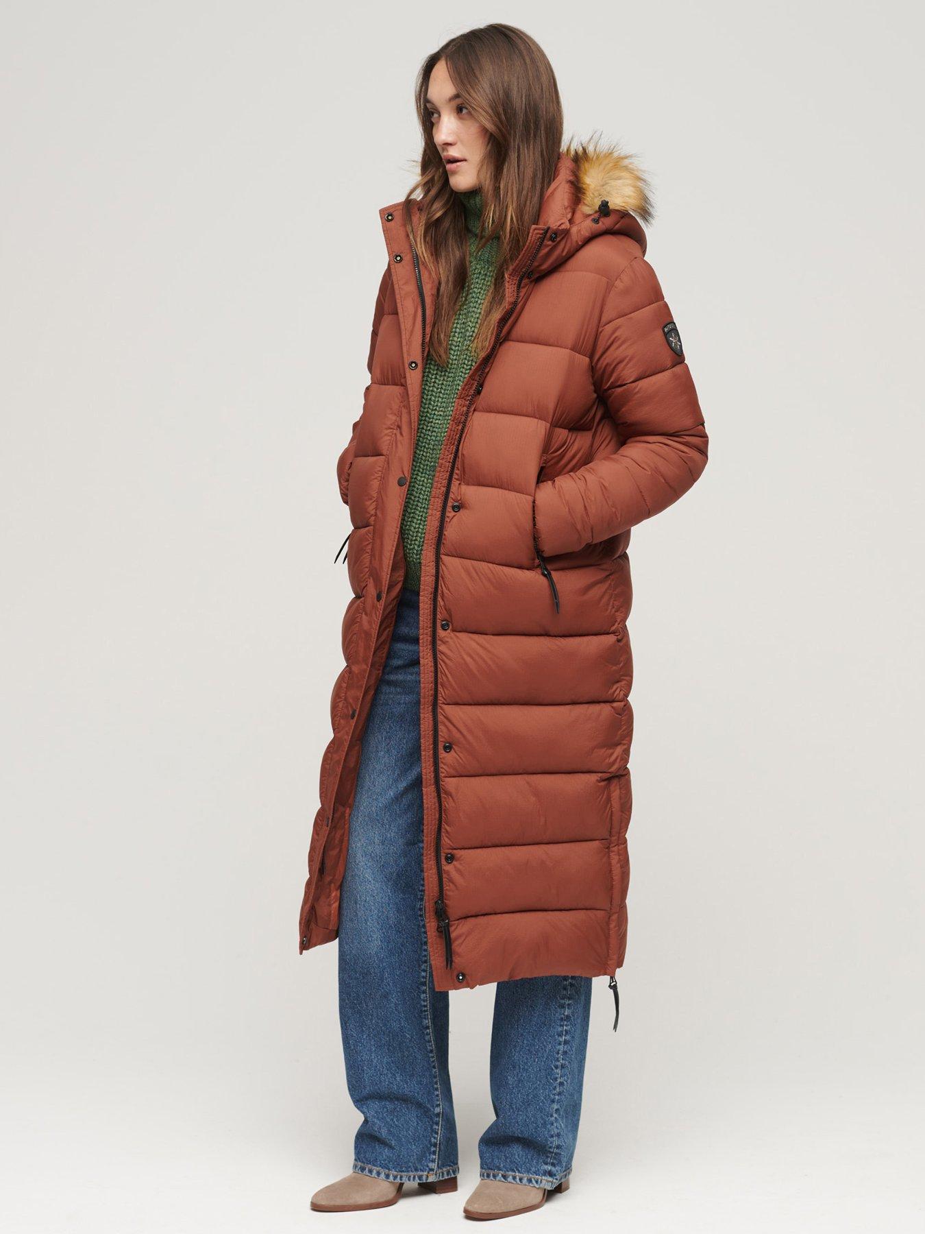 Superdry Faux Fur Hood Longline Puffer - Brown