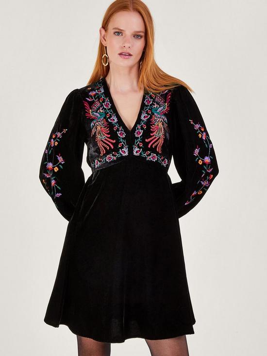 front image of monsoon-verina-velvet-embroidered-dress-black