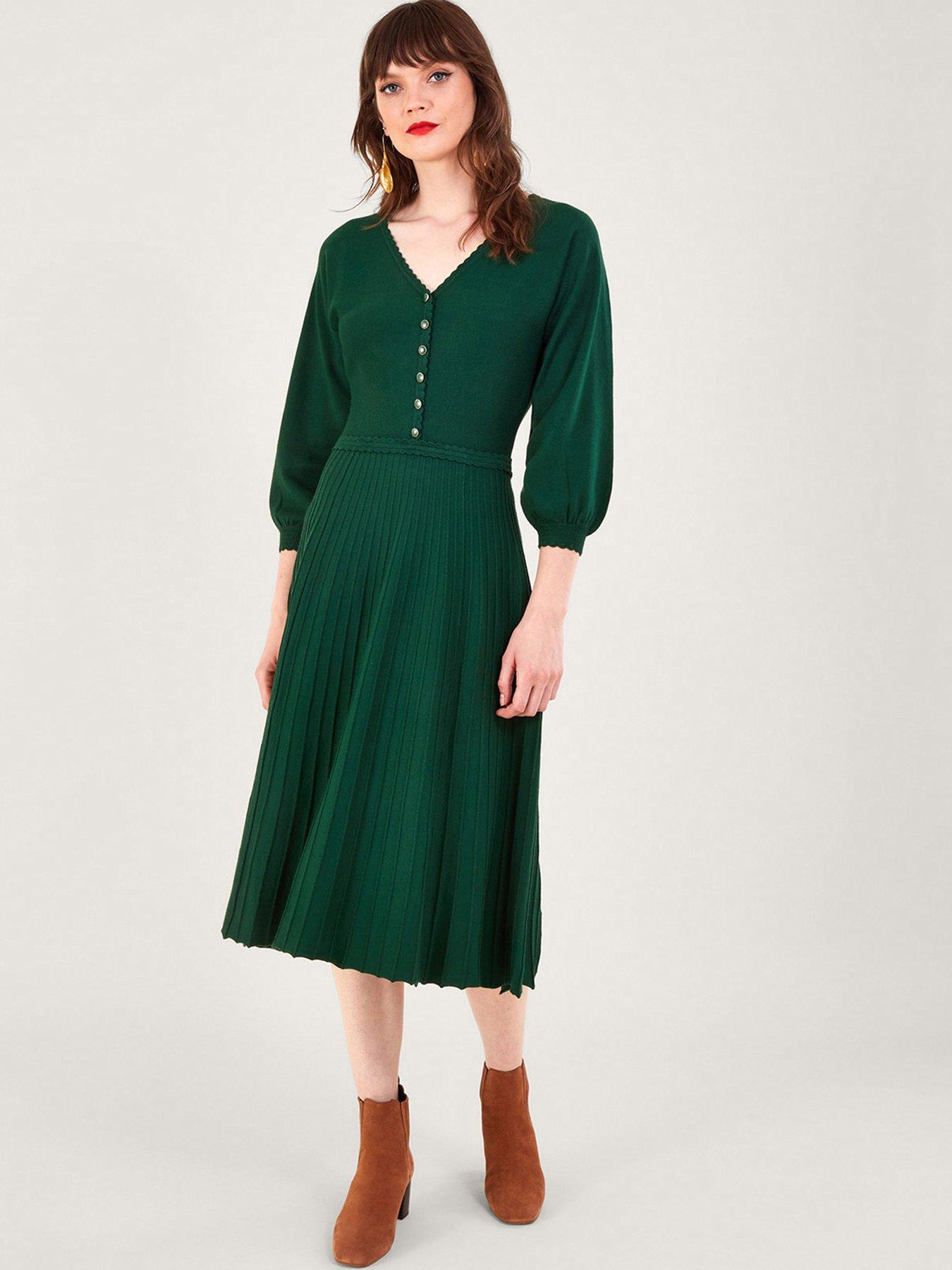 Green v hot sale neck midi dress