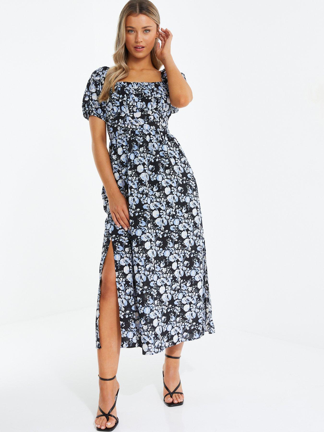 Floral Puff Sleeve Slit Front Midi Dress