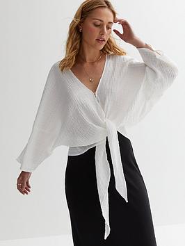 new look white textured tie front blouse