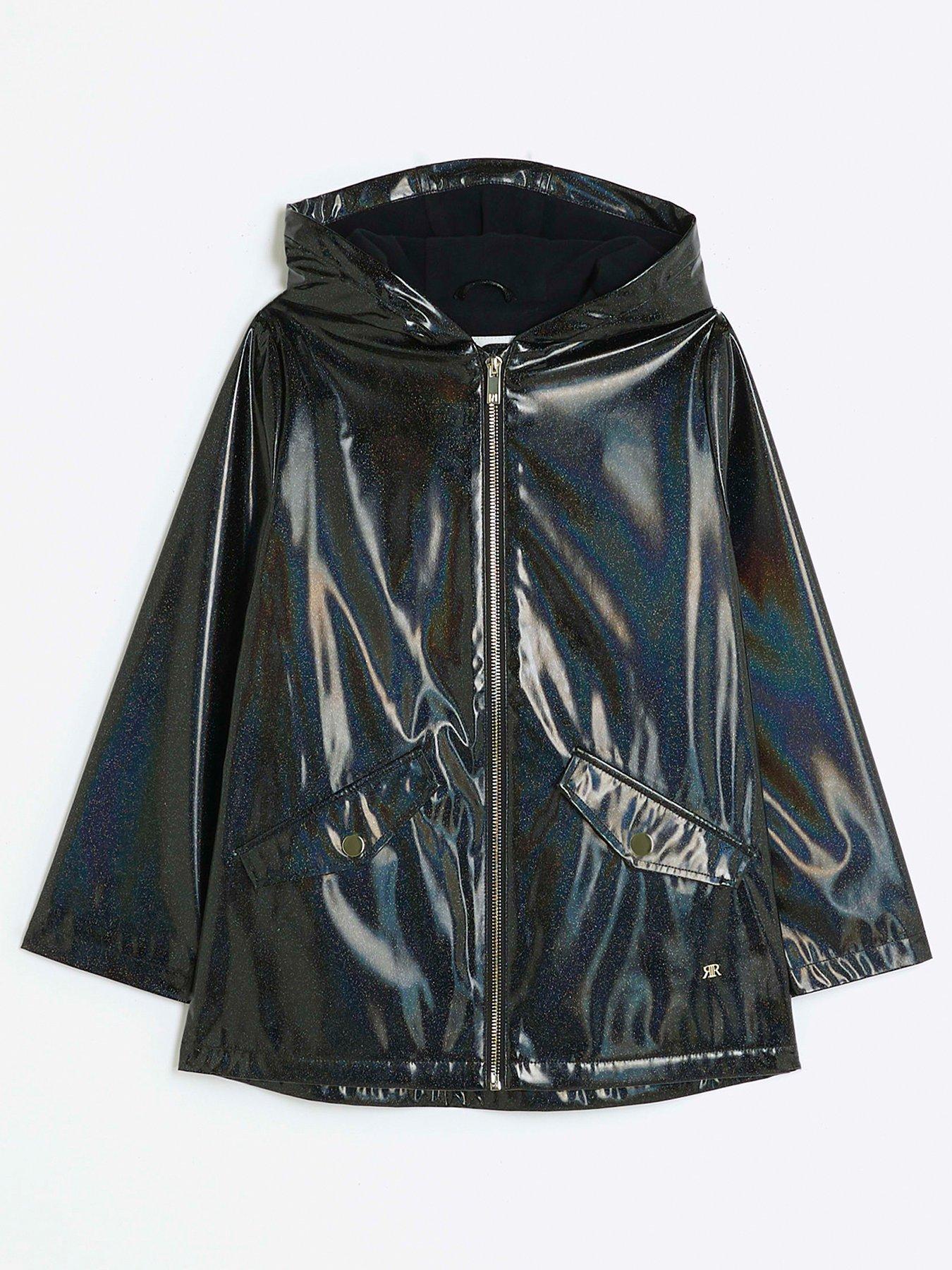 Girls Glitter Hooded Raincoat Black