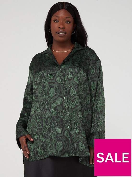 front image of v-by-very-curve-long-sleeve-snake-print-blouse-green