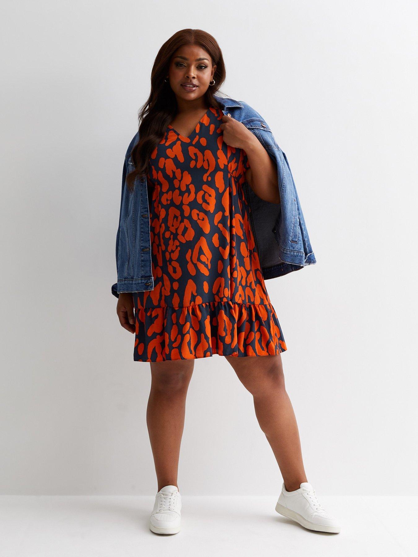 New Look Curves Orange Leopard Print Frill Hem Mini Dress