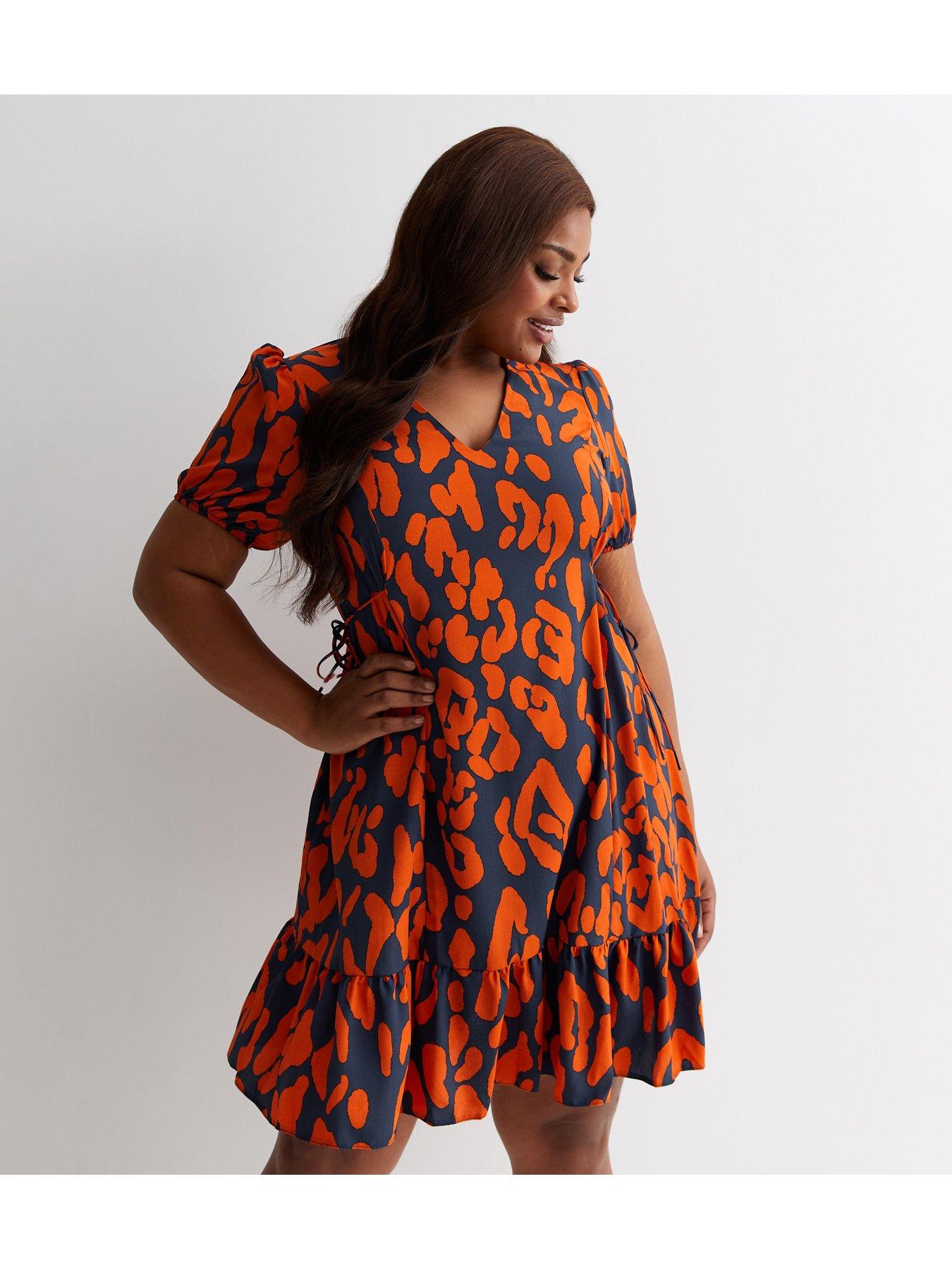 New Look Curves Orange Leopard Print Frill Hem Mini Dress very