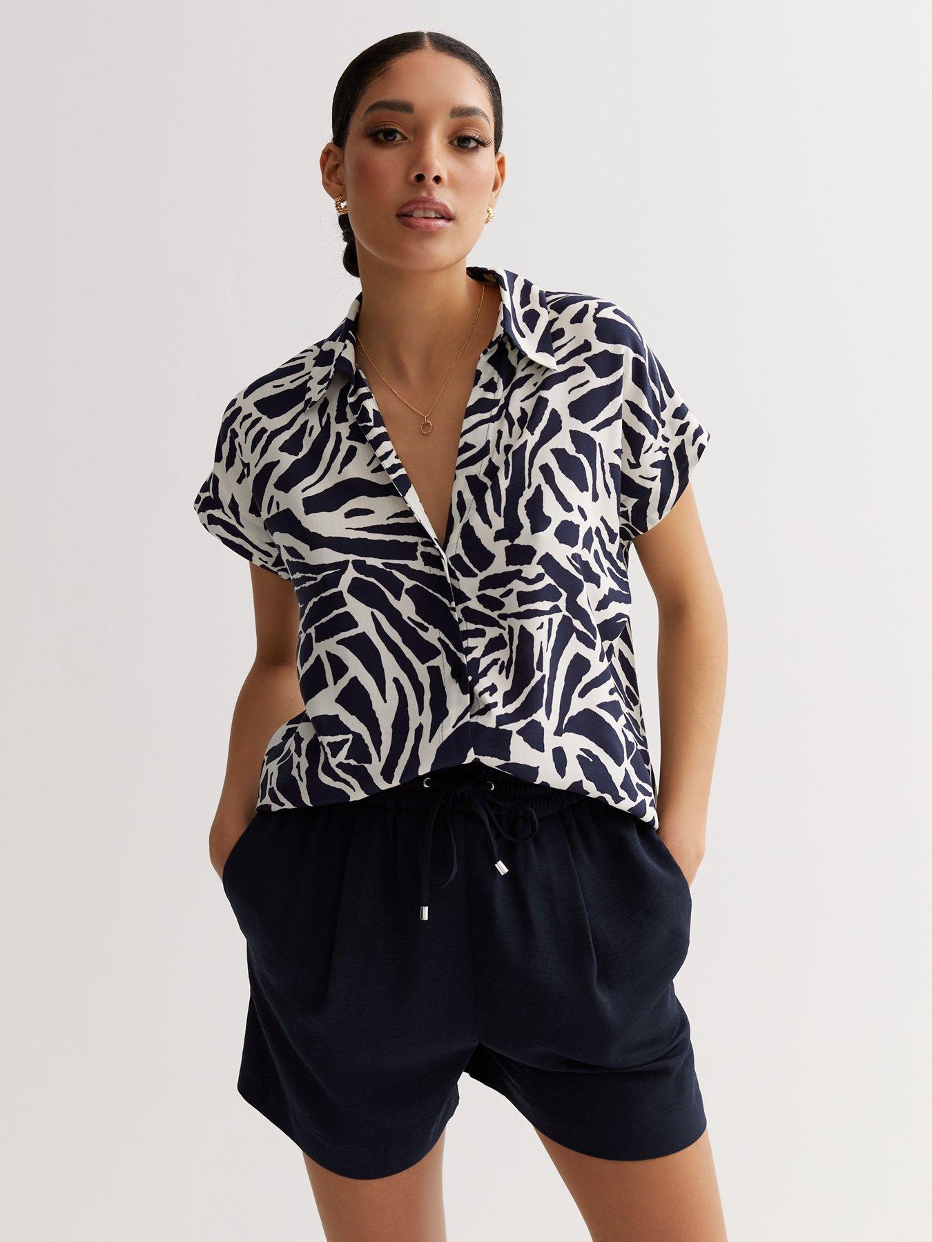 new look giraffe print short sleeve shirt - navy