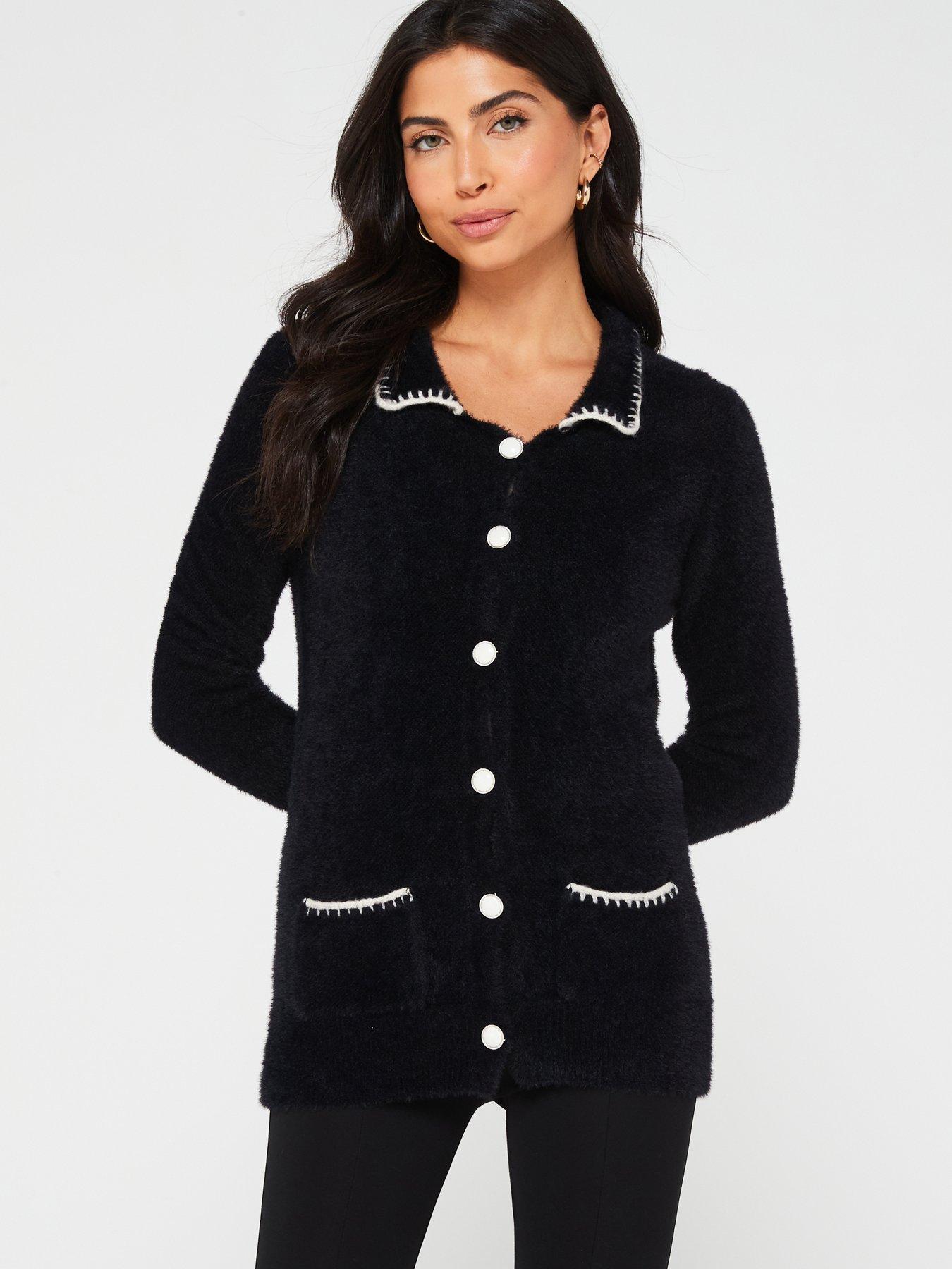 V by Very Contrast Stitch Collar Cardigan Black very