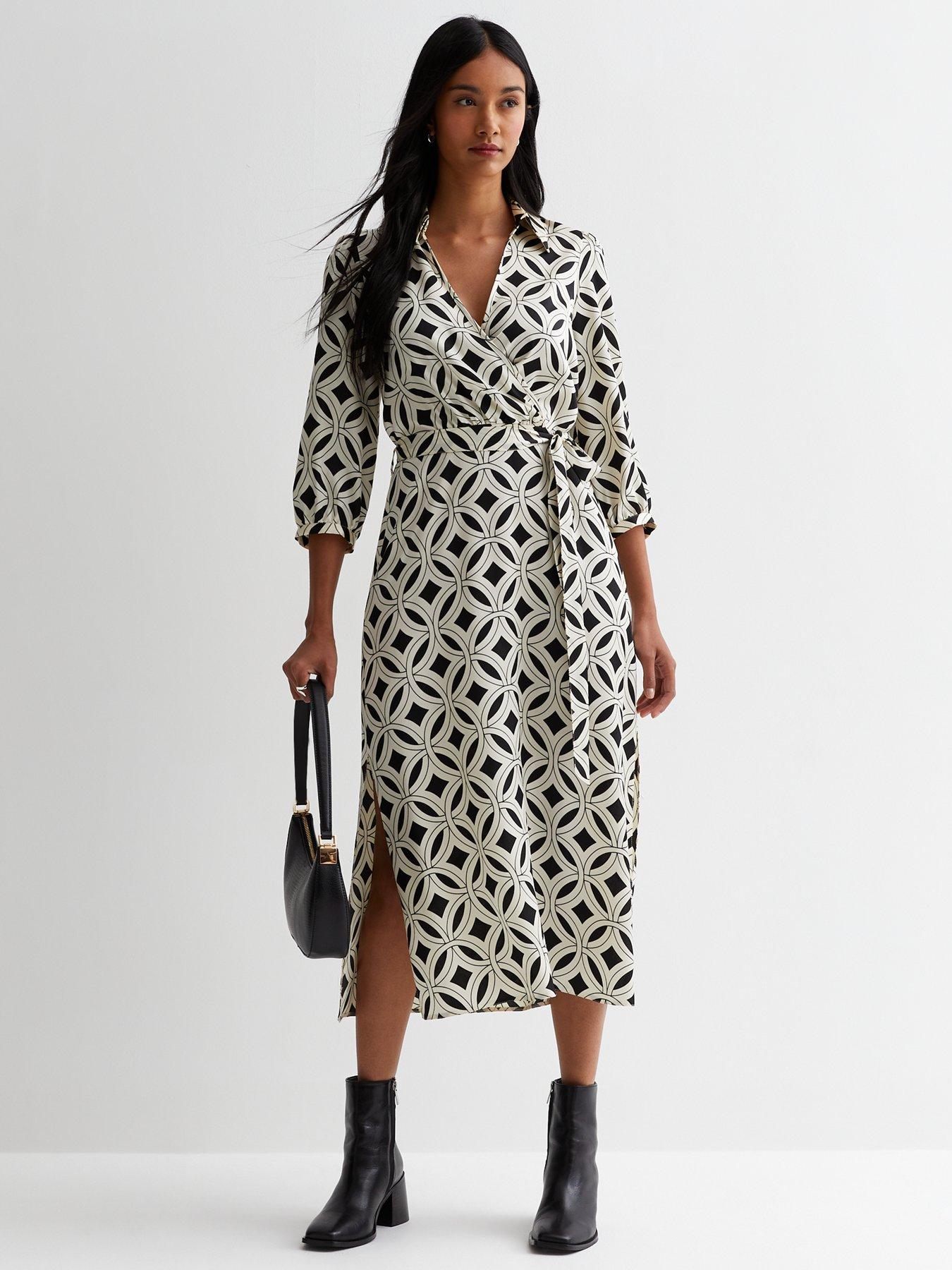 White & Black Geometric Print Midi Shirt Dress