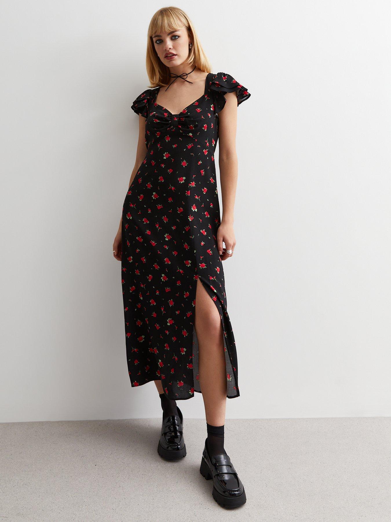 Black Rose Print Flutter Sleeve Midaxi Dress