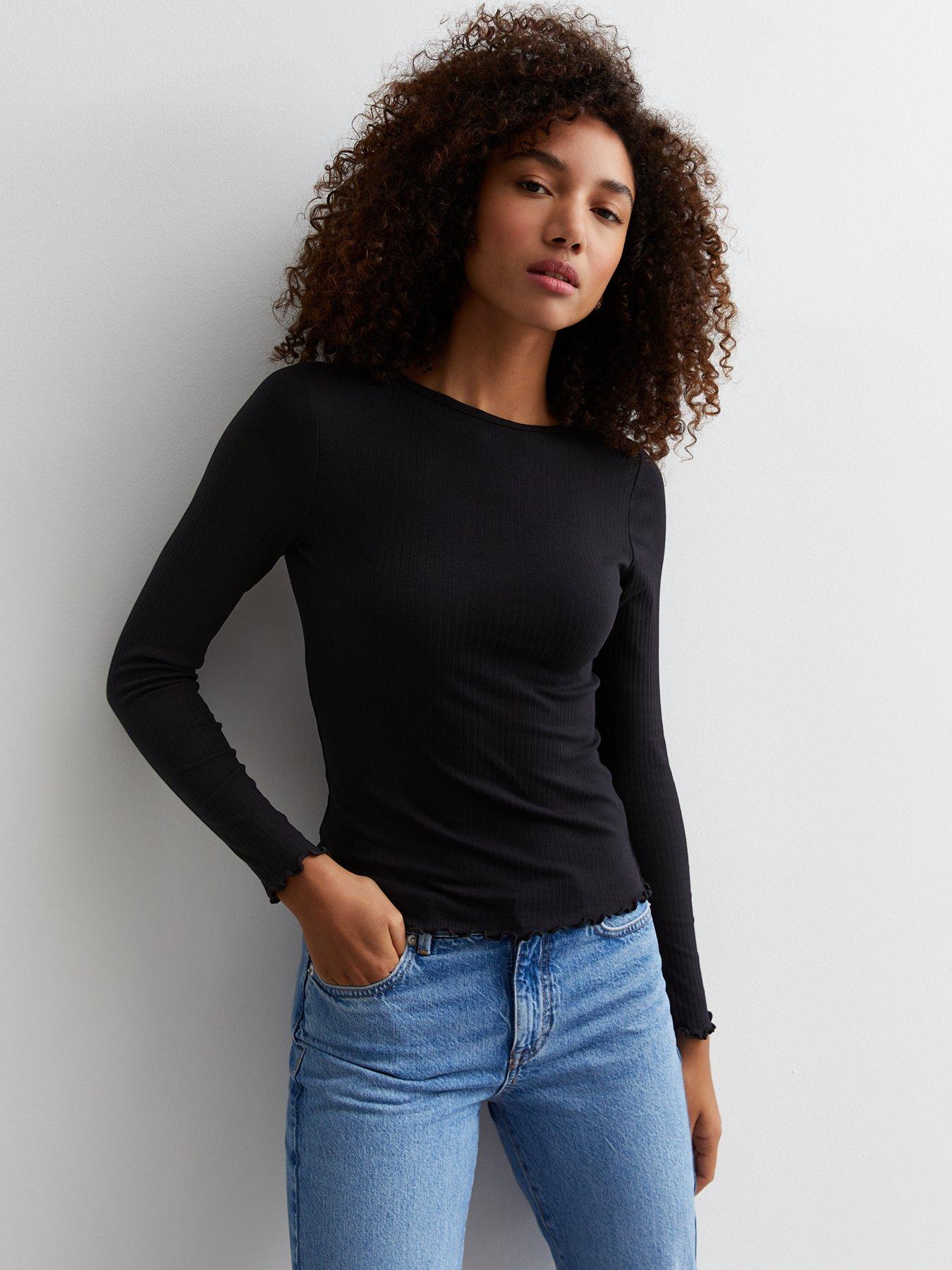 Black Ribbed Frill Long Sleeve Top