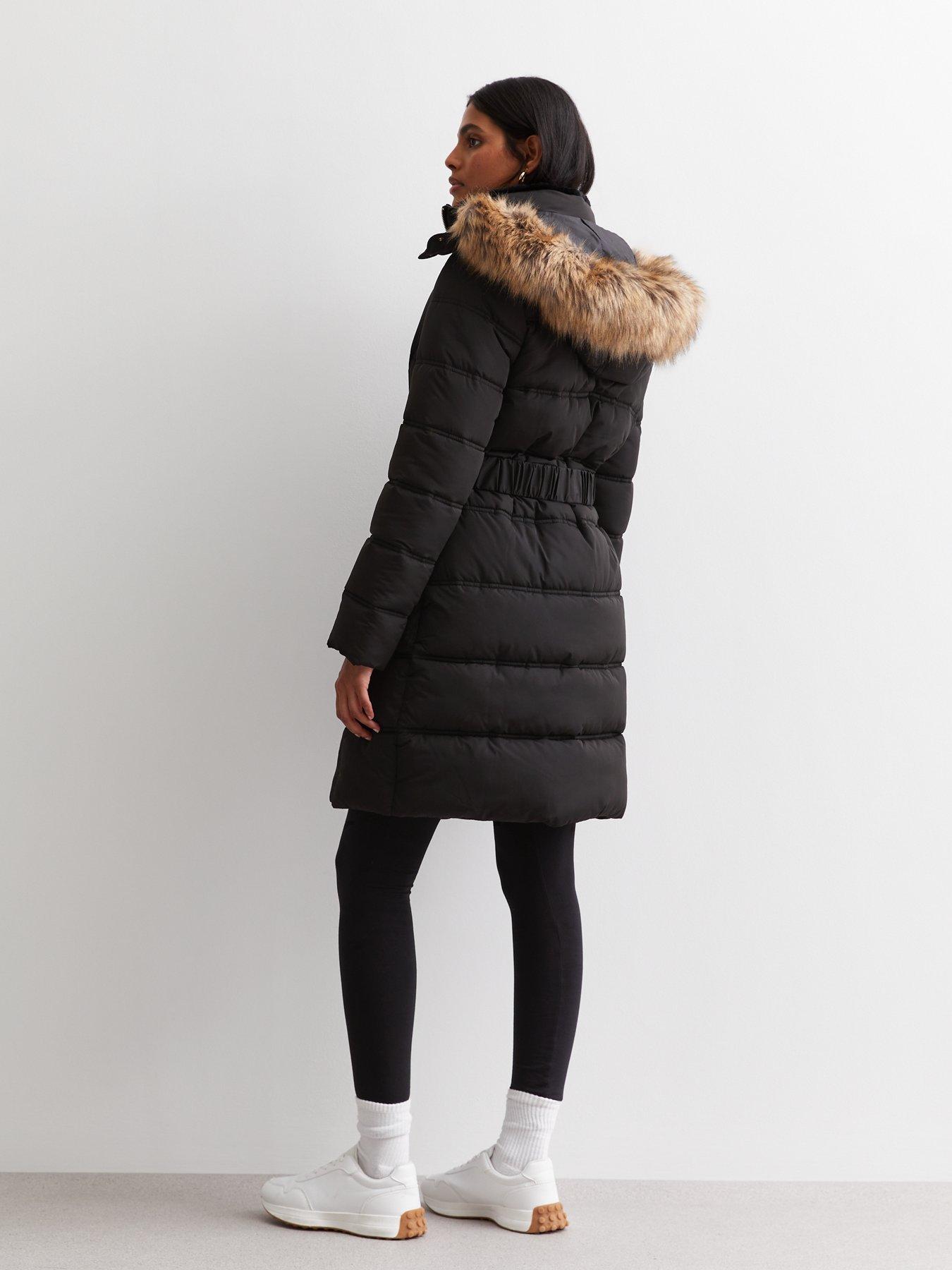 New Look Black Faux Fur Hood Belted Puffer Coat | Very.co.uk