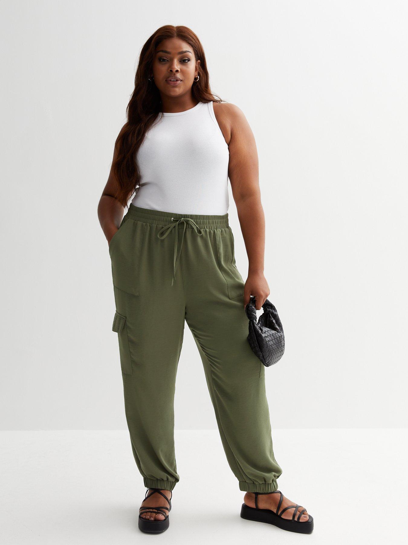 Curves Khaki Drawstring Cuffed Cargo Trousers