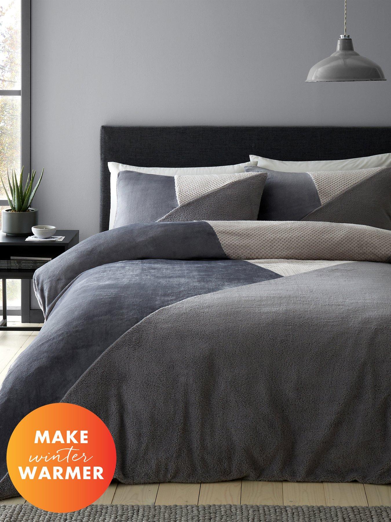 Product photograph of Catherine Lansfield Larsson Geo Fleece Duvet Cover Set - Grey from very.co.uk