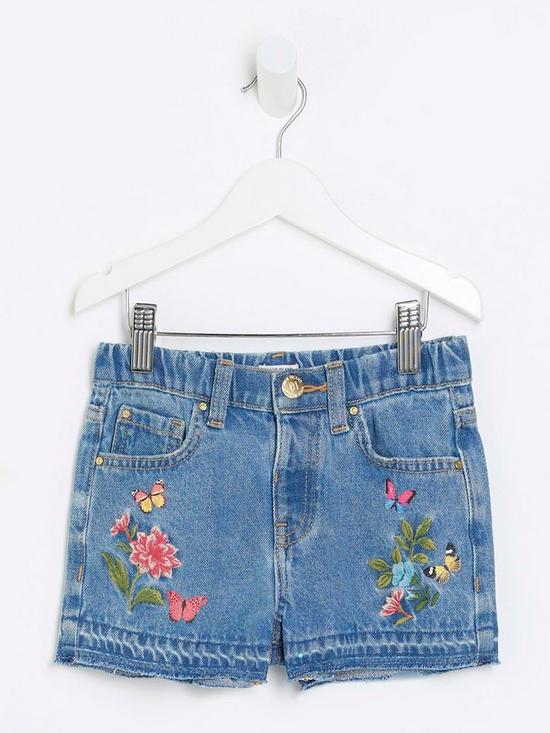 front image of river-island-mini-mini-girls-embroidered-denim-mom-shorts-blue