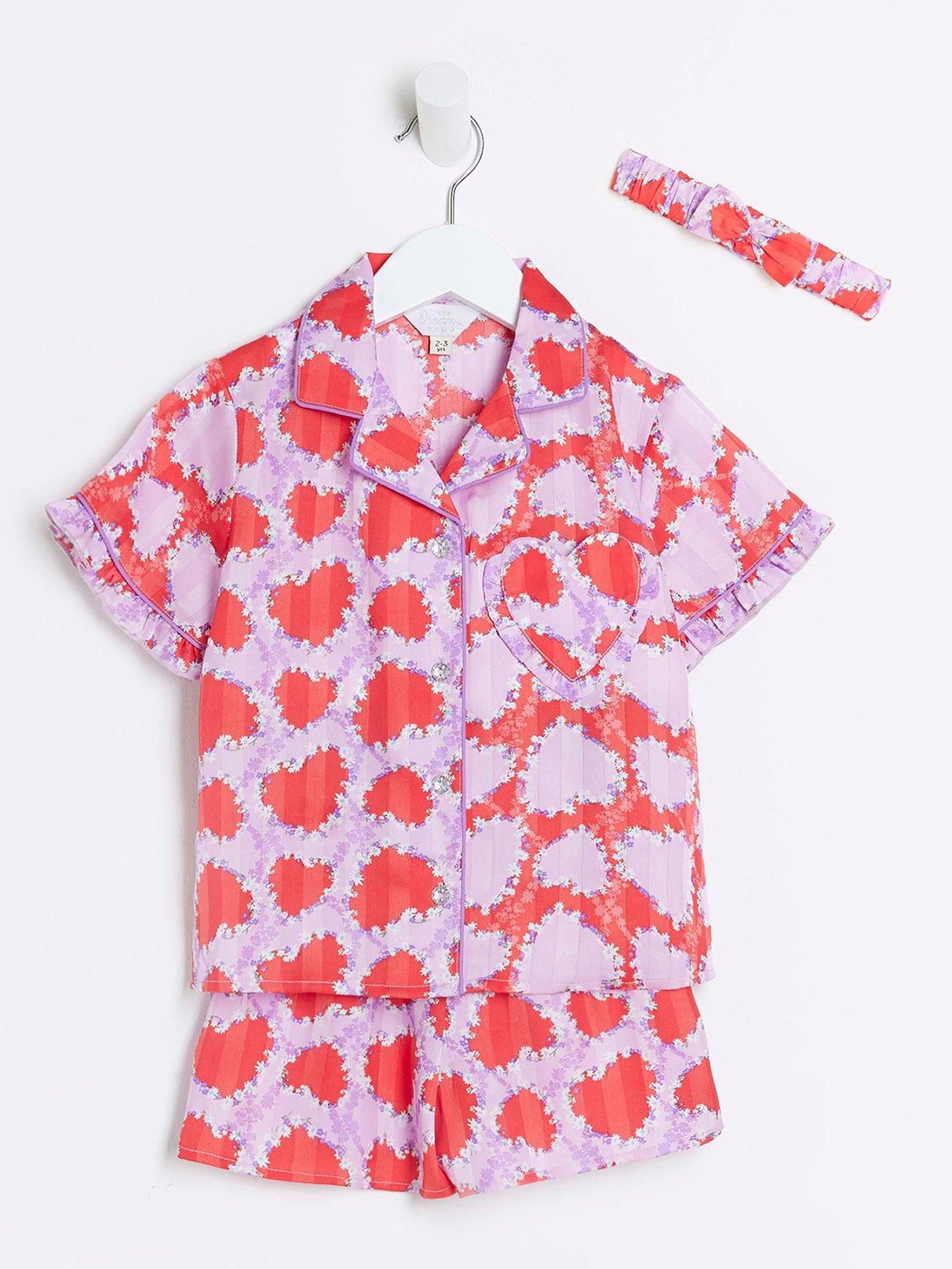 River Island Mini Mini Girl Floral Heart Satin Pyjama Set With