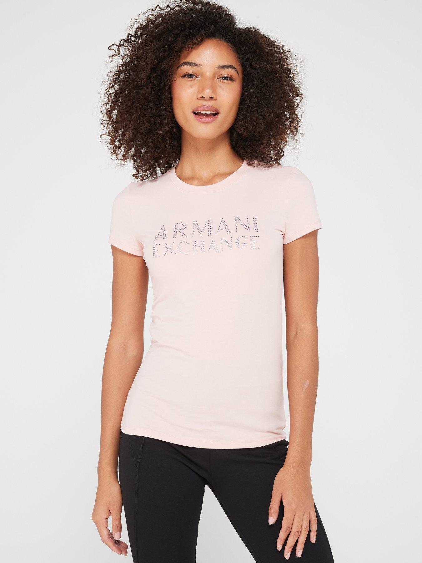 Armani Exchange Embellished Logo Stretch Cotton T shirt Pink