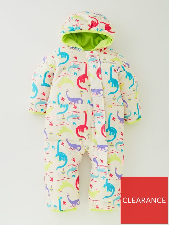 front image of columbia-infant-snuggly-bunny-dinosaur-print-bunting-insulated-snowsuit-beige
