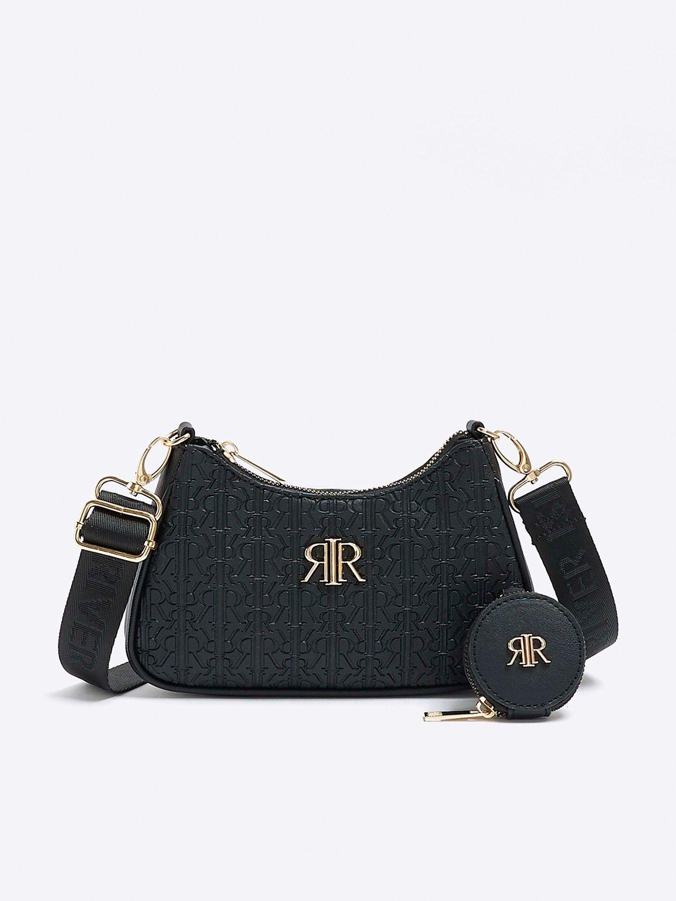 River Island Black Embossed Ri Monogram Shoulder Bag in White