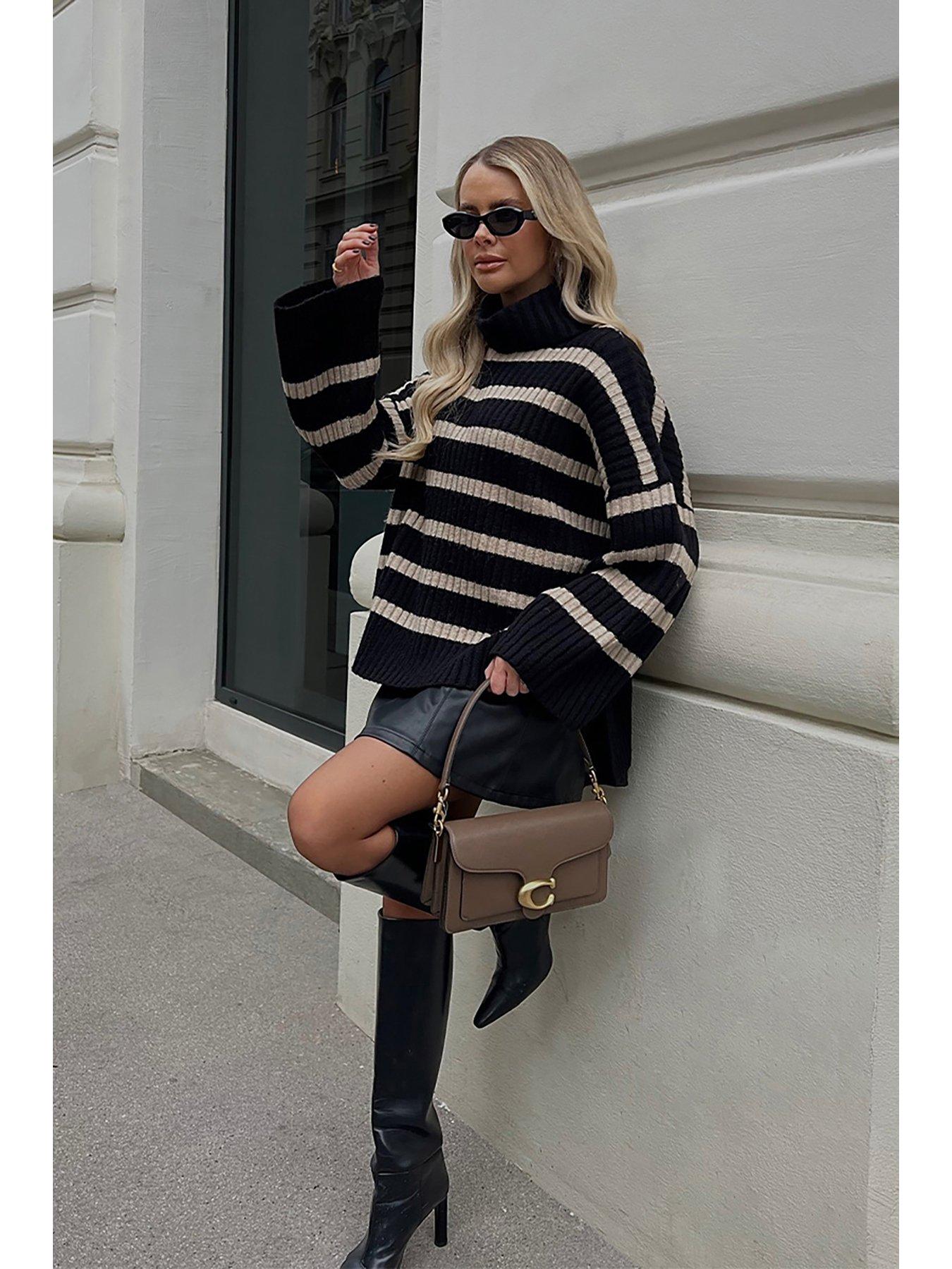 In The Style Perrie Sian Striped Knitted Roll Neck Jumper - Oatmeal ...