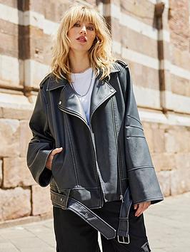 only mina faux leather oversized jacket - black