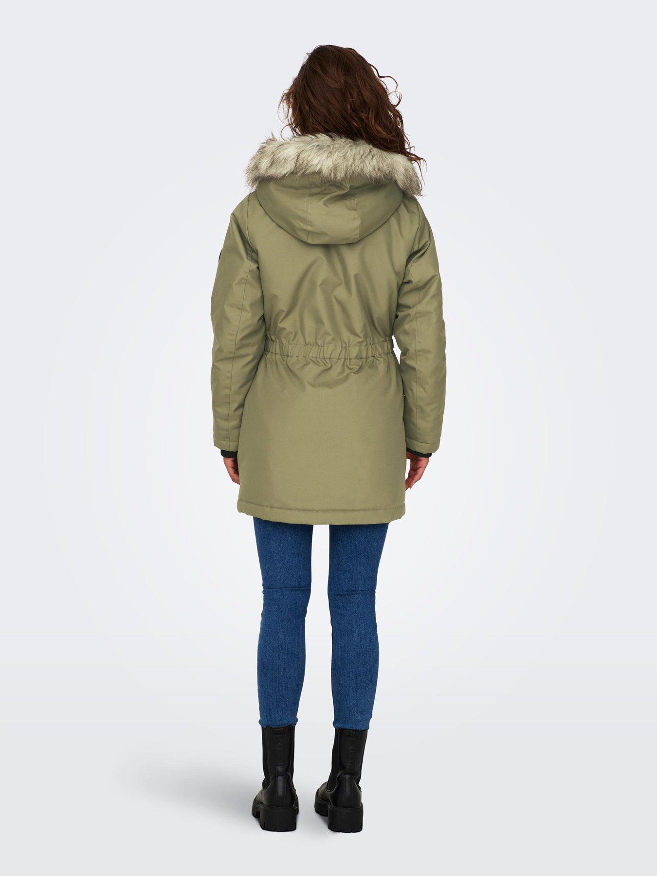 Only Iris Faux Fur Hood Winter Parka - Khaki | Very.co.uk