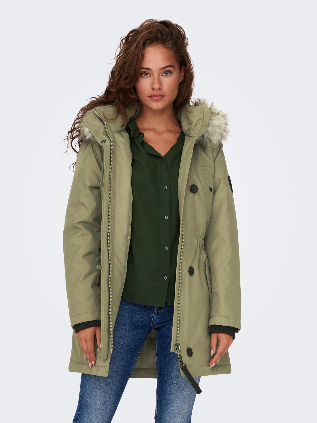 Only Iris Faux Fur Hood Winter Parka - Khaki | Very.co.uk