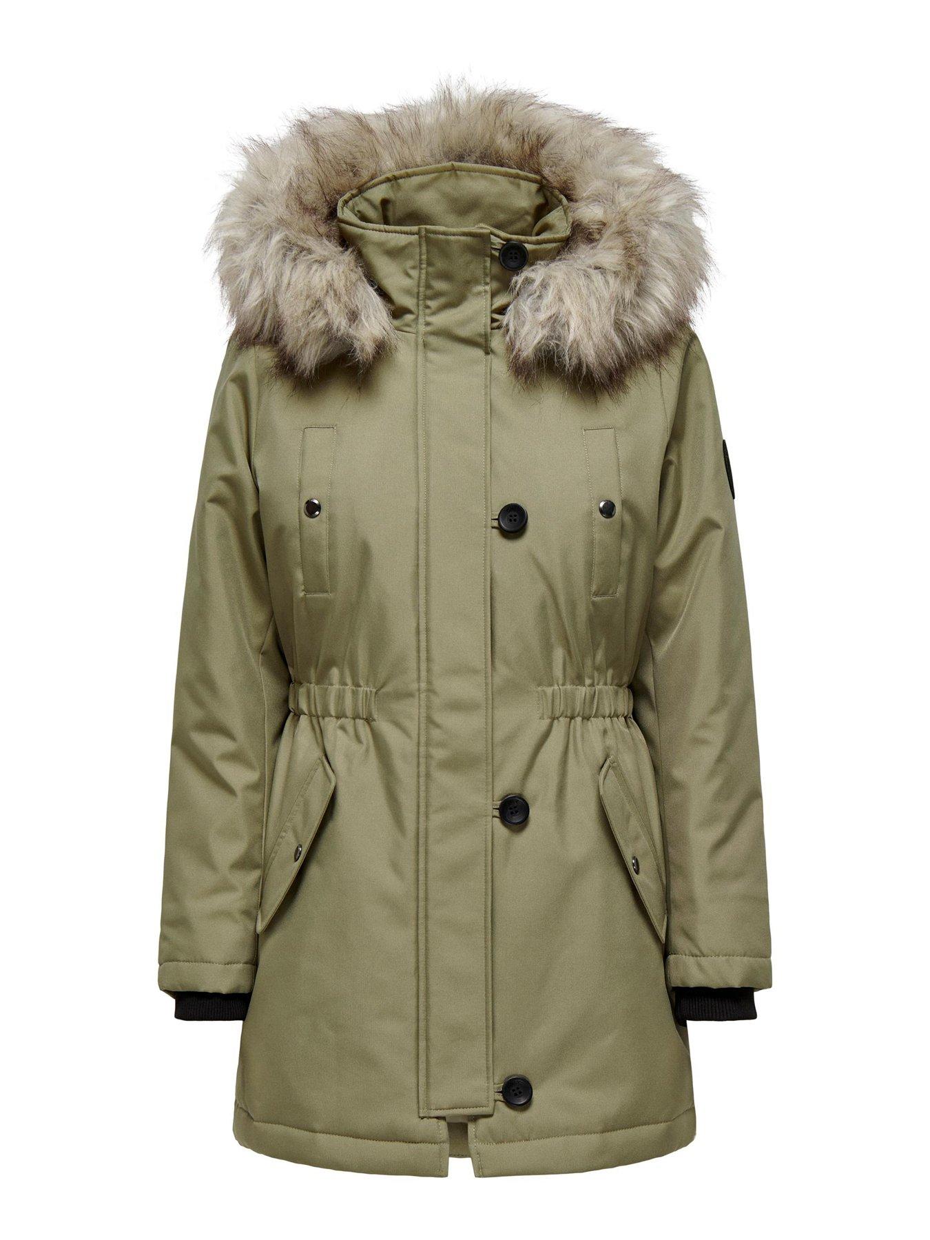 Only Iris Faux Fur Hood Winter Parka - Khaki | Very.co.uk