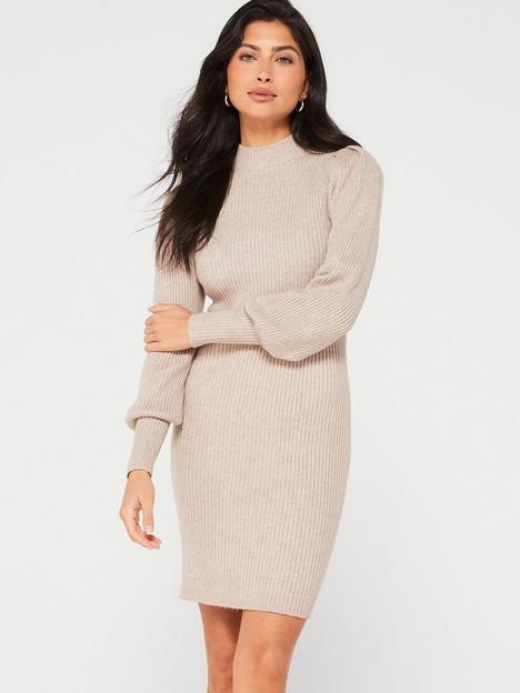 only-katia-balloon-sleeve-knitted-dress-beige