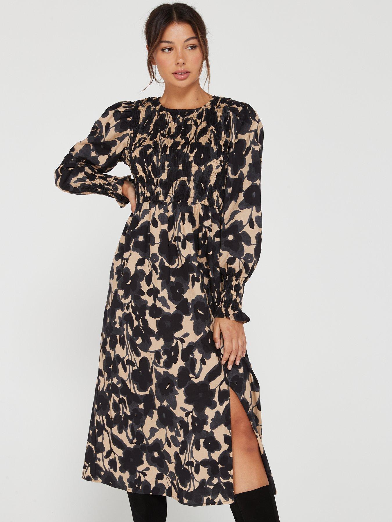 Brown Printed Long Sleeve Split Leg Midi Dress – AX Paris