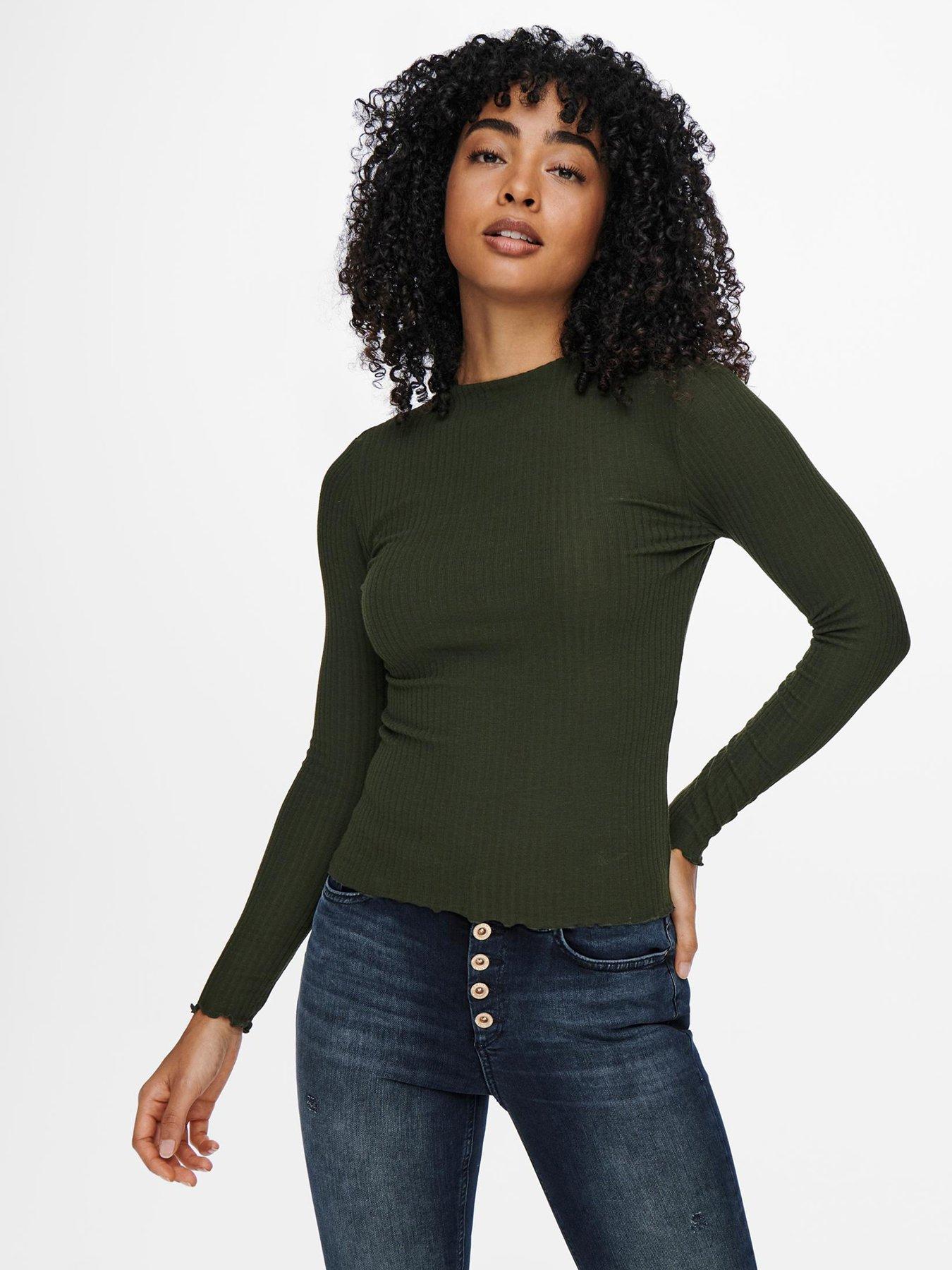 Emma Long Sleeve High Neck Frill Top Green