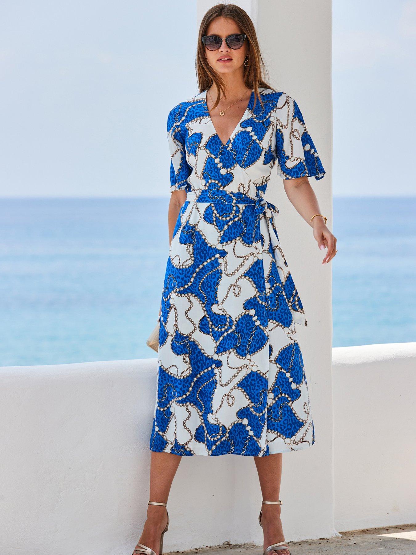 Sosandar Kimono Sleeve Midi Wrap Dress Blue very.co.uk